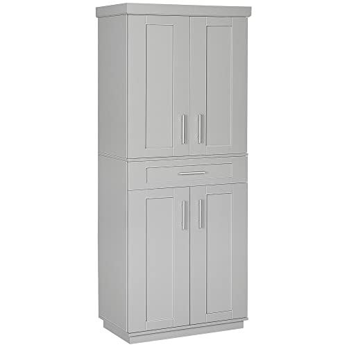 HOMCOM Modern Kitchen Pantry Freestanding Cabinet Cupboard with Doors and Drawer, Adjustable Shelving, Grey - WoodArtSupply