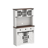 OKD Farmhouse Bar Cabinet with Sliding Barn Door, 72" Rustic Buffet with Hutch with Wine and Glasses Rack, 3 Drawers, Storage Shelves, Sideboard OKD