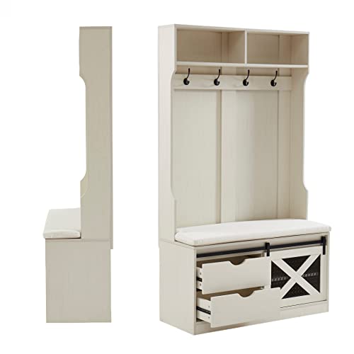 Edwin's Choice 71" H Entryway Hall Tree with Coat Rack and Storage Bench, Wood Coat Tree with Cushioned Stool and Hooks for Hallway, Living Room, Edwin's Choice