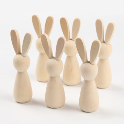 VOSAREA 6pcs Unfinished Wooden Bunny DIY Blank Wood Rabbit Peg Dolls Natural Wooden Bunny Figures for Party DIY Painting Decorations VOSAREA