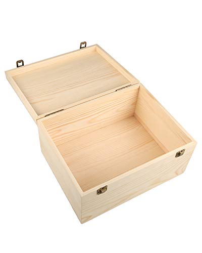 Woiworco Extral Large Wooden Box, 13 x 10 x 6.5 inch Natural Unfinished Pine Wood Boxes with Hinged Lid and Front Clasp for DIY Craft Art, Hobbies, Woiworco