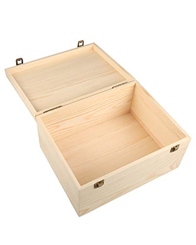 Woiworco Extral Large Wooden Box, 13 x 10 x 6.5 inch Natural Unfinished Pine Wood Boxes with Hinged Lid and Front Clasp for DIY Craft Art, Hobbies,
