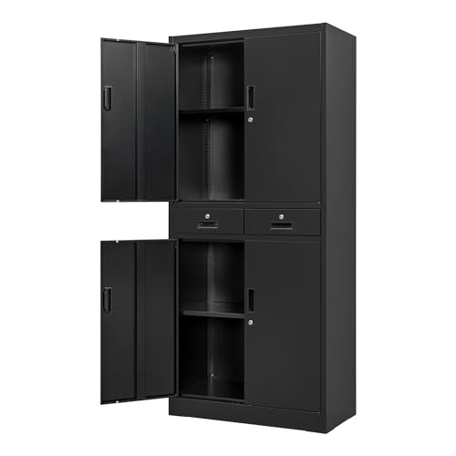 Metal Storage Cabinet，71" Garage Storage Cabinet with 2 Locking Drawer and 4 Adjustable Shelves ，Black Tool Cabinet，Lockable File Steel Cabinet for - WoodArtSupply