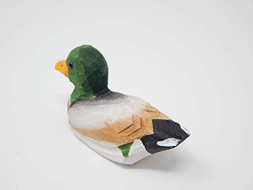 Selsela Small Mallard Wooden Duck Figurine - Drake/Male, Green Head, Hand-Made, Carving, Decoration, Decoy, Small Animals, Duck Lover - WoodArtSupply