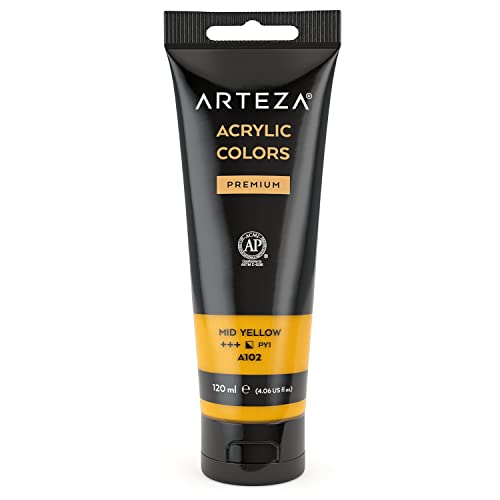 ARTEZA Acrylic Paint Mid Yellow Color (120 ml Pouch, Tube), Rich Pigment, Non Fading, Non Toxic, Single Color Paint for Artists & Hobby Painters