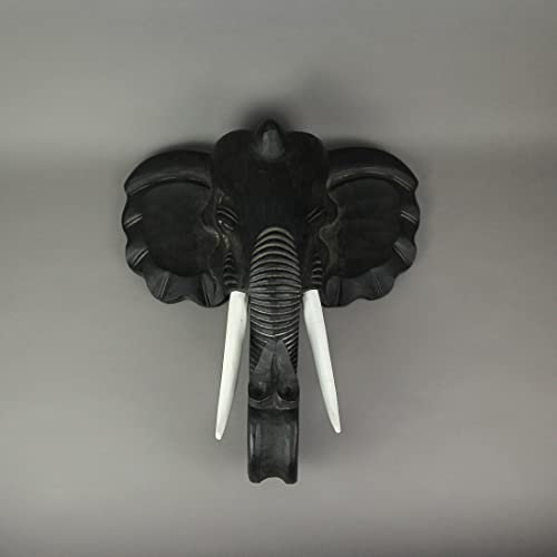 Zeckos Majestic African Elephant Head Wall Sculpture: Hand-Carved Black Wood Artistic Statue - Artisan Crafted Safari Style Decor Masterpiece - 19