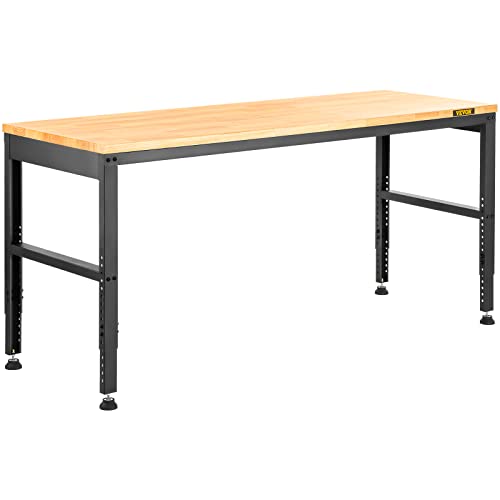 VEVOR 60" Adjustable Workbench, Heavay Duty Workstation 2000 LBS Load Capacity, with Power Outlets & Rubber Wood Top & Metal Frame & Foot Pads, for VEVOR