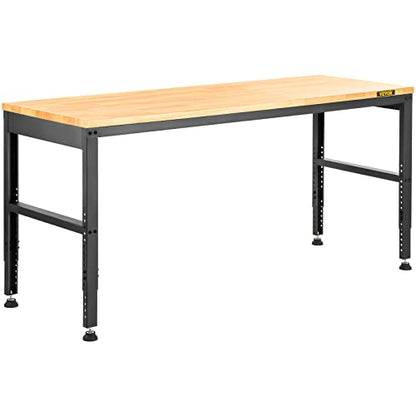 VEVOR 60" Adjustable Workbench, Heavay Duty Workstation 2000 LBS Load Capacity, with Power Outlets & Rubber Wood Top & Metal Frame & Foot Pads, for - WoodArtSupply