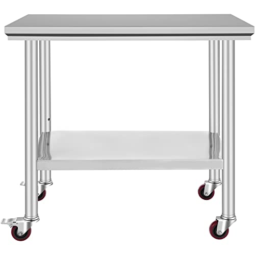 Mophorn Stainless Steel Work Table 36x24 Inch with 4 Wheels, Casters Heavy Duty Food Prep Worktable for Commercial Kitchen Restaurant