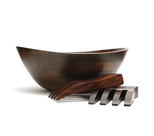 Lipper International Cherry Finished Wavy Rim Serving Bowl with 2 Salad Hands, Large, 13" x 12.5" x 5", 3-Piece Set - WoodArtSupply