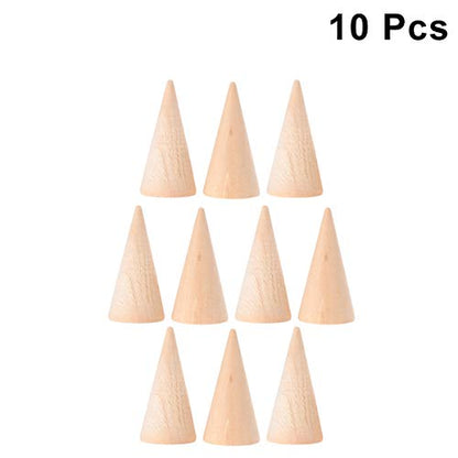 SUPVOX 10pcs Natural Wood Cone Ring Holders Unpainted Wooden Cones to Craft Paint Jewelry Display Stand 2.5x5cm
