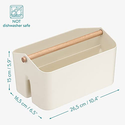 Navaris Organizer Caddy with Wood Handle - Storage Holder with 2 Compartments for Makeup Nursery Desk Bathroom 10.4" x 6.5" x 5.9" - Cream