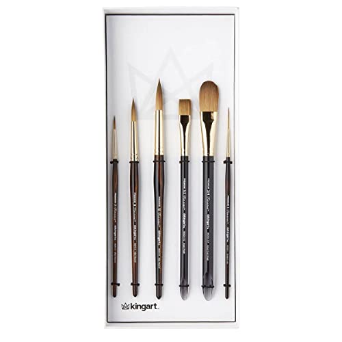 KINGART 1010B Premium 6 Pc. Finesse Series Watercolor Artist Brush Set, Synthetic Kolinsky Sable Blend, Curated Brush Shapes and Sizes, Short Handle, KINGART