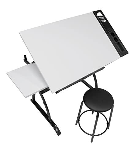 SD STUDIO DESIGNS Core 2 Pc Craft Center-35.5" W Angle Adjustable Cloth Drawers, Side Shelf and Stool Drafting Table, Gunmetal Gray/White - WoodArtSupply