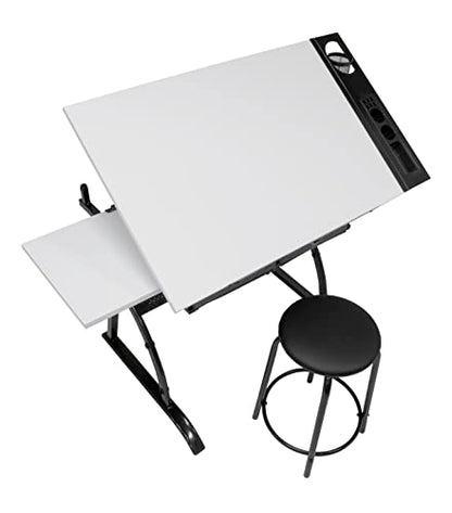 SD STUDIO DESIGNS Core 2 Pc Craft Center-35.5" W Angle Adjustable Cloth Drawers, Side Shelf and Stool Drafting Table, Gunmetal Gray/White - WoodArtSupply