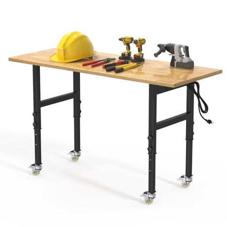 60" Adjustable Workbench, Rubber Wood Top Heavy-Duty Work Bench with Wheels, 2000 LBS Load Capacity Hardwood Worktable with Power Outlets, for Pelnuies