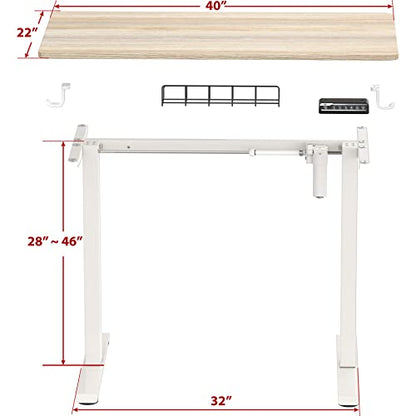 SHW Small Electric Height Adjustable Sit Stand Desk with Hanging Hooks and Cable Management, 40 x 22 Inches, White Frame and Maple Top - WoodArtSupply