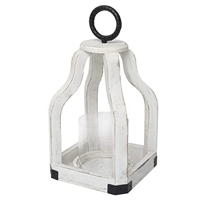 SwallowLiving 13" Rustic Farmhouse Wood Candle Hurricane Lantern with Glass Candlestick Holder for Patio, Table Centerpiece, White