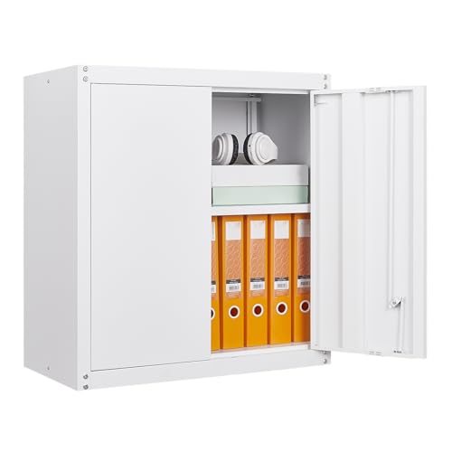 GREATMEET Metal Wall Storage Cabinet with Lock,White Wall Mount Metal Storage Cabinets with 1 Adjustable Shelf and 2 Doors, Steel Cabinet for Garage, - WoodArtSupply