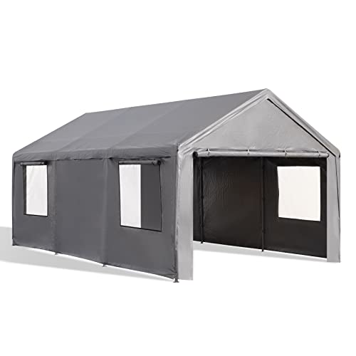 Gardesol Carport, 12'x20' Extra Large Heavy Duty Carport with Roll-up Ventilated Windows, Portable Garage with Removable Sidewalls & Doors for Car, Gardesol