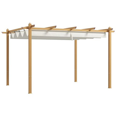 Outsunny 10' x 12' Retractable Pergola Canopy, Wood Grain Aluminum Pergola, Outdoor Sun Shade Shelter for Grill, Garden, Patio, Backyard, Deck, Cream