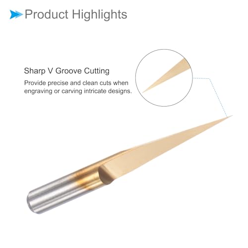 CoCud Engraving CNC Router Bits, 0.1mm (0.004") Tip Width 15 Degree Angle 1/8" Shank Ti-Coated Carbide V Groove Carving Bits - (Applications: for CoCud