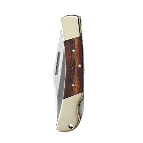 SENBON folding lock back knife 4in 440a sharp outdoor knife sand iron wood copper handle with Leather Sheath SENBON