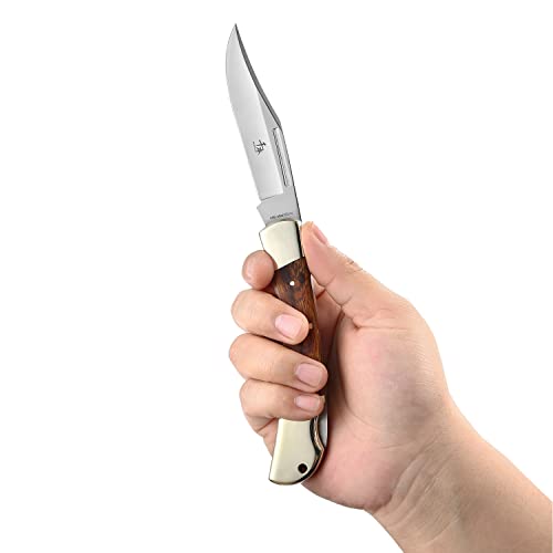 SENBON folding lock back knife 4in 440a sharp outdoor knife sand iron wood copper handle with Leather Sheath SENBON