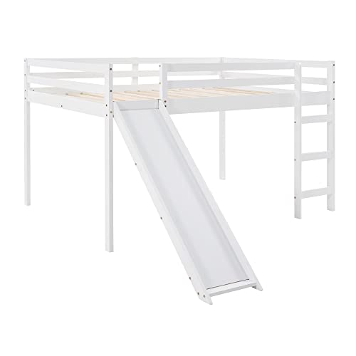 Lostcat Elegant Full Size Low Loft Bed with Slide and Ladder for Kids - WoodArtSupply