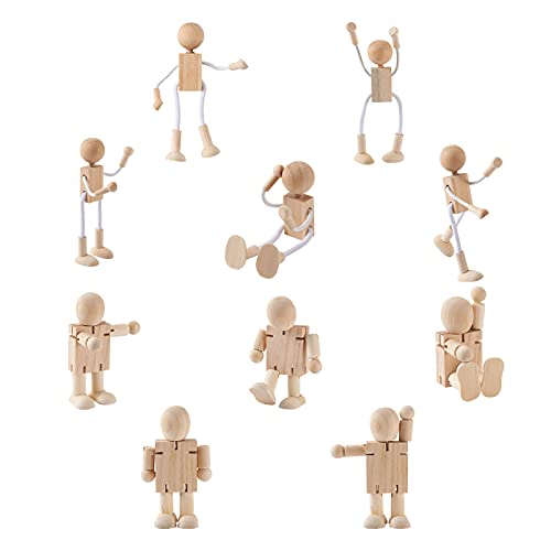 Craftdady 10pcs Unfinished Wooden Robot Bodies Joint Adjustable Wood Figures Peg Dolls for DIY Art Crafts Painting Party Home Decor 2 Styles