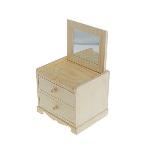 Dovewill Natural Unfinished Wooden Jewelry Box Small 2 Drawers Chest Case Glass Mirror - WoodArtSupply