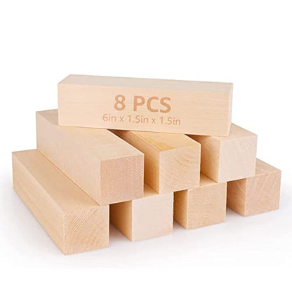 RHBLME 8PCS Basswood Carving Blocks, 6.0in x 1.5in x 1.5in Unfinished Wood Blocks for Carving, Wooden Carving Blocks Cubes Soft Solid Kit, Great for