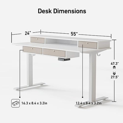 FEZIBO Sturdy Height Adjustable Electric Standing Desk with Drawers, 55 x 24 Inch Stand Up Table with Large Storage Shelf, Sit Stand Desk, White Top