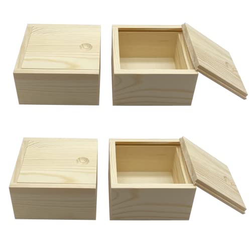 LONG TAO 4 Pcs 3.5''x3.5''x1.9'' Unfinished Wood Box Square Wooden Treasure Boxes Wooden Storage Box Natural DIY Craft Stash Boxes with Slide Top for