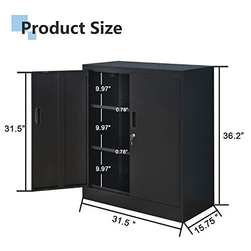 Wanfu Metal Storage Cabinet with Locking Doors and Adjustable Shelves, 36.2" H Steel Storage Cabinet for Garage, Home, Office, Utility Room-Black - WoodArtSupply