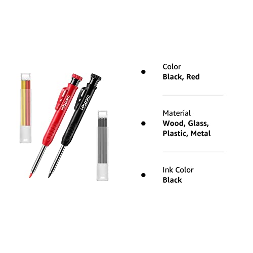 Hiboom 2 Pack Solid Carpenter Pencil with 14 Refill, Long Nosed Deep Hole Mechanical Pencil Marker with Built-in Sharpener for Carpenter Woodworking Hiboom