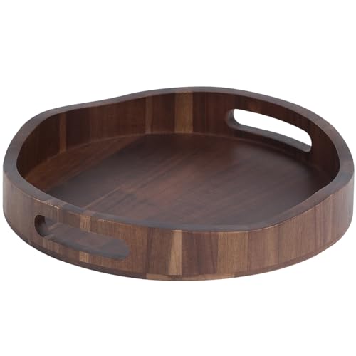 YZIAQLBTF Acacia Wood Serving Tray with Handles, Round-12.6inch Perfect for Breakfast, Lunch, Dinner, Food Snacks Drinks for Coffee Table,Decorative YZIAQLBF