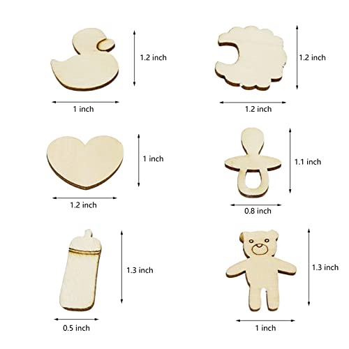 KUMGROT 100pcs Unfinished Wooden Ornament Mini Wood Pieces Heart Bear Ring Duck Baby Bottle Shaped for DIY Craft Handmade Supplies (Cute Style) KUMGROT