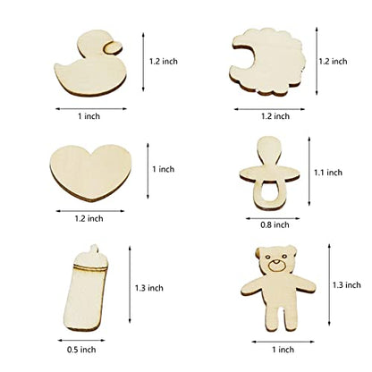 KUMGROT 100pcs Unfinished Wooden Ornament Mini Wood Pieces Heart Bear Ring Duck Baby Bottle Shaped for DIY Craft Handmade Supplies (Cute Style)