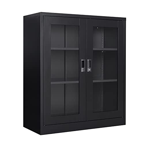 AFAIF Metal Storage Cabinet, Glass Cabinet Sideboard, Bookcase with Glass Doors, Curio Cabinet with 2 Adjustable Shelves, Lockable Metal Display