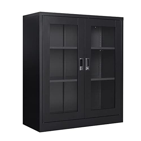 AFAIF Metal Storage Cabinet, Glass Cabinet Sideboard, Bookcase with Glass Doors, Curio Cabinet with 2 Adjustable Shelves, Lockable Metal Display AFAIF