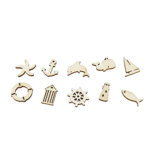 KUMGROT 100pcs Unfinished Wooden Ornament Mini Wood Pieces Starfish Dolphin Fish House Ship Shaped for DIY Craft Handmade Supplies (Marine Style) KUMGROT