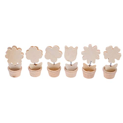 Healifty 6pcs Wooden Memo Clips Place Card Holders Unfinished Wood Ornaments Unpainted Flower Pot Miniature Desktop Decoration Ornaments with Pigment Healifty