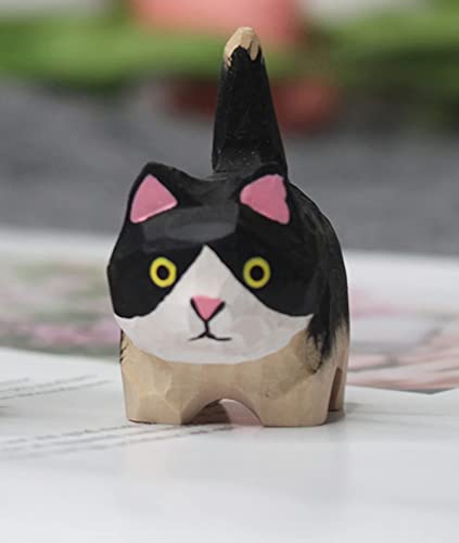 TALKLEK Small Wooden Cat Figurine - Small 1.85", Hand-Made, Wood Carving, Cat Decoration, Small Animals, Cat Lover (Black-White) TALKLEK