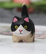 TALKLEK Small Wooden Cat Figurine - Small 1.85", Hand-Made, Wood Carving, Cat Decoration, Small Animals, Cat Lover (Black-White) TALKLEK