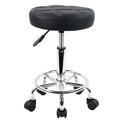 KKTONER Round Rolling Stool Chair PU Leather Height Adjustable Swivel Drafting Work SPA Shop Salon Stools with Wheels Office Chair Small (Black) - WoodArtSupply