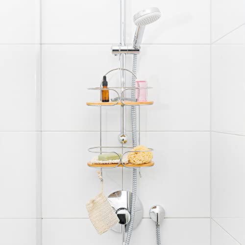 Navaris Bamboo and Metal Shower Caddy - Over Shower Head 2-Shelf Hanging Organizer - Hanger Hook Shelves for Bathroom Showers, Toiletries,