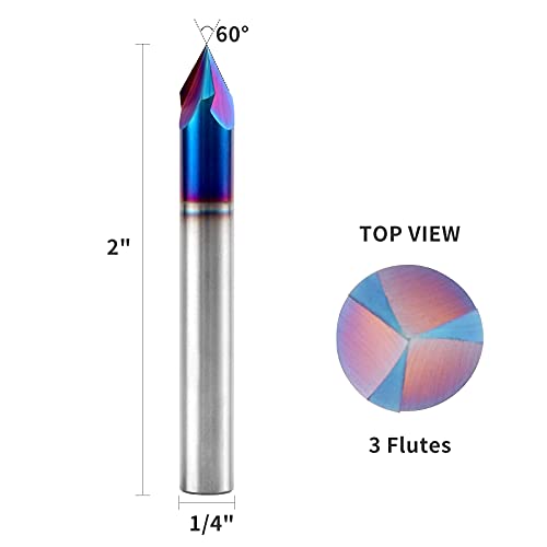 EANOSIC 60 Degree V Groove Router Bit 1/4 Inch Shank, 3-Flute Nano Blue Coated Solid Carbide V Router Bit for CNC Engraving and Chamfering EANOSIC