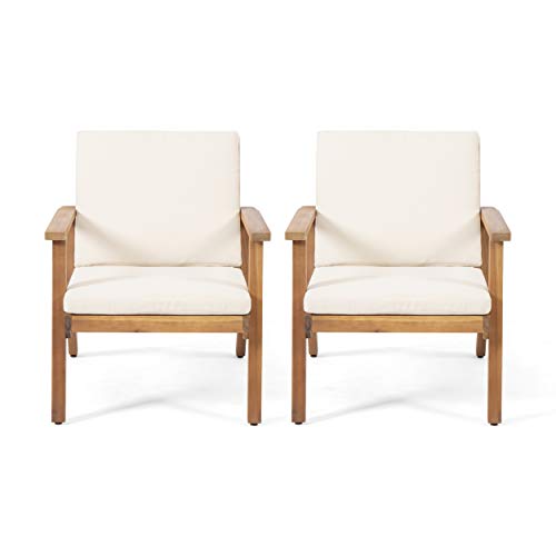 Christopher Knight Home Carlos Outdoor Acacia Wood Club Chairs with Cushions (Set of 2), Brown Patina Finish, Cream Christopher Knight Home