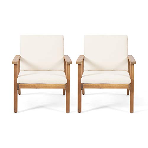 Christopher Knight Home Carlos Outdoor Acacia Wood Club Chairs with Cushions (Set of 2), Brown Patina Finish, Cream - WoodArtSupply